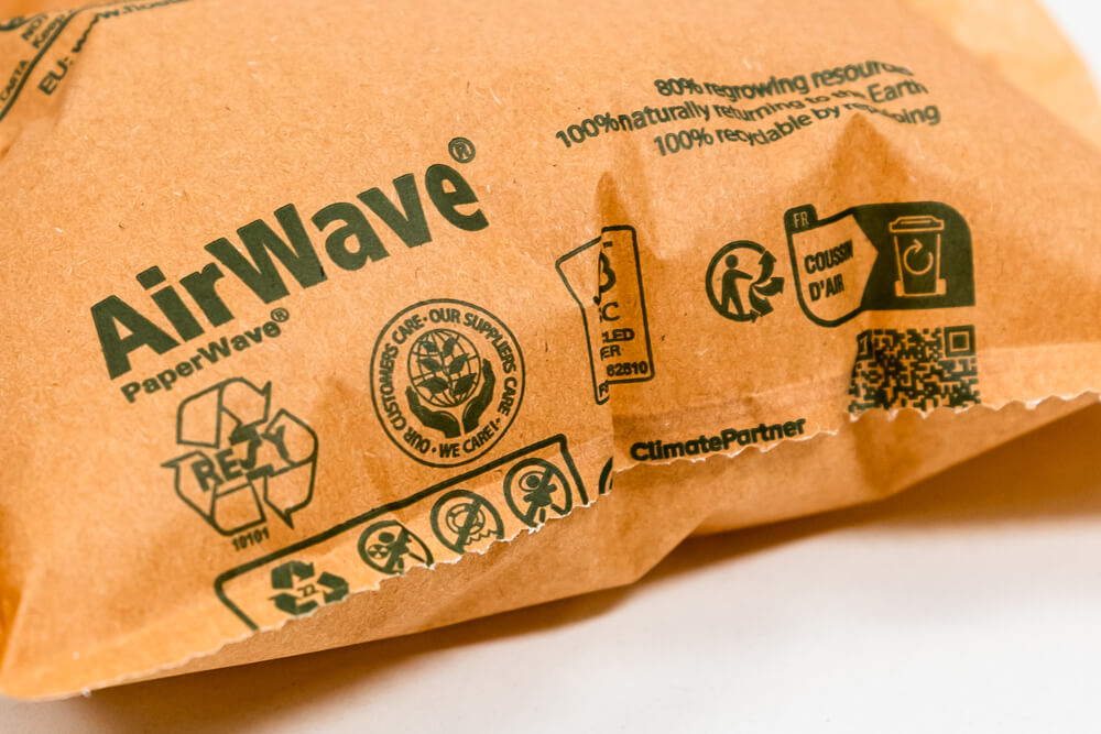 Printed certifications on a PaperWave pillow.
